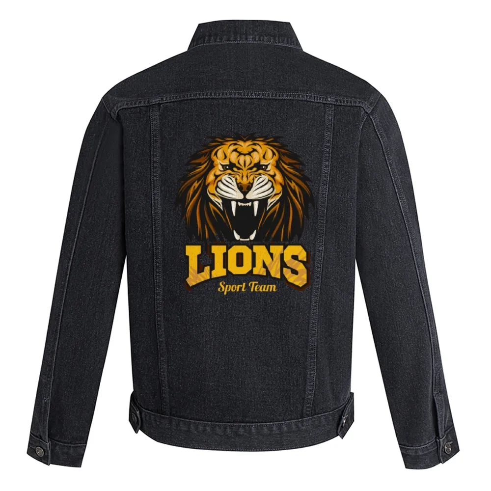 Mens Vintage Cartoon Prints LIONS Sport Team Denim Jacket