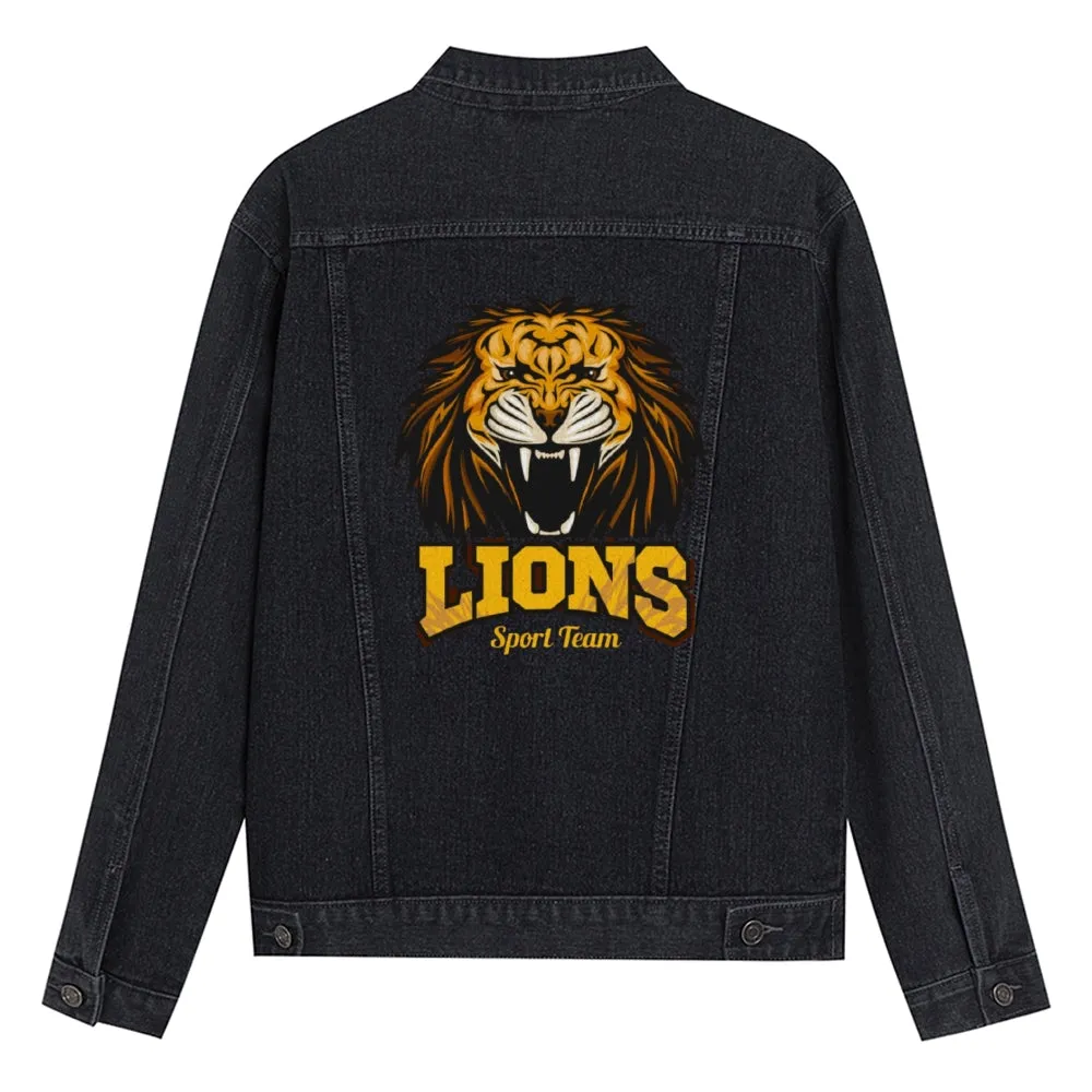 Mens Vintage Cartoon Prints LIONS Sport Team Denim Jacket