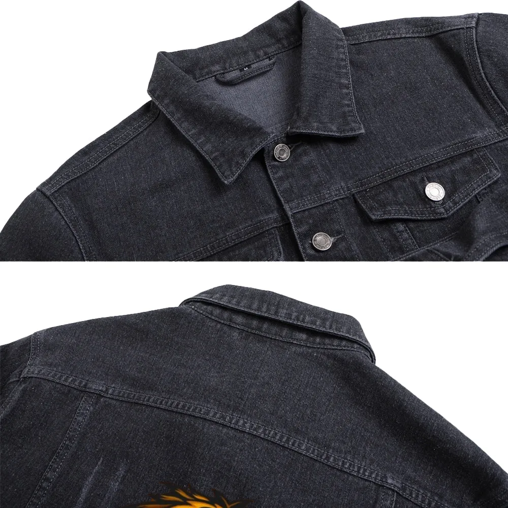 Mens Vintage Cartoon Prints LIONS Sport Team Denim Jacket