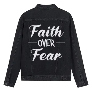 Mens Vintage Faith Over Fear Letter Graphic Denim Jacket