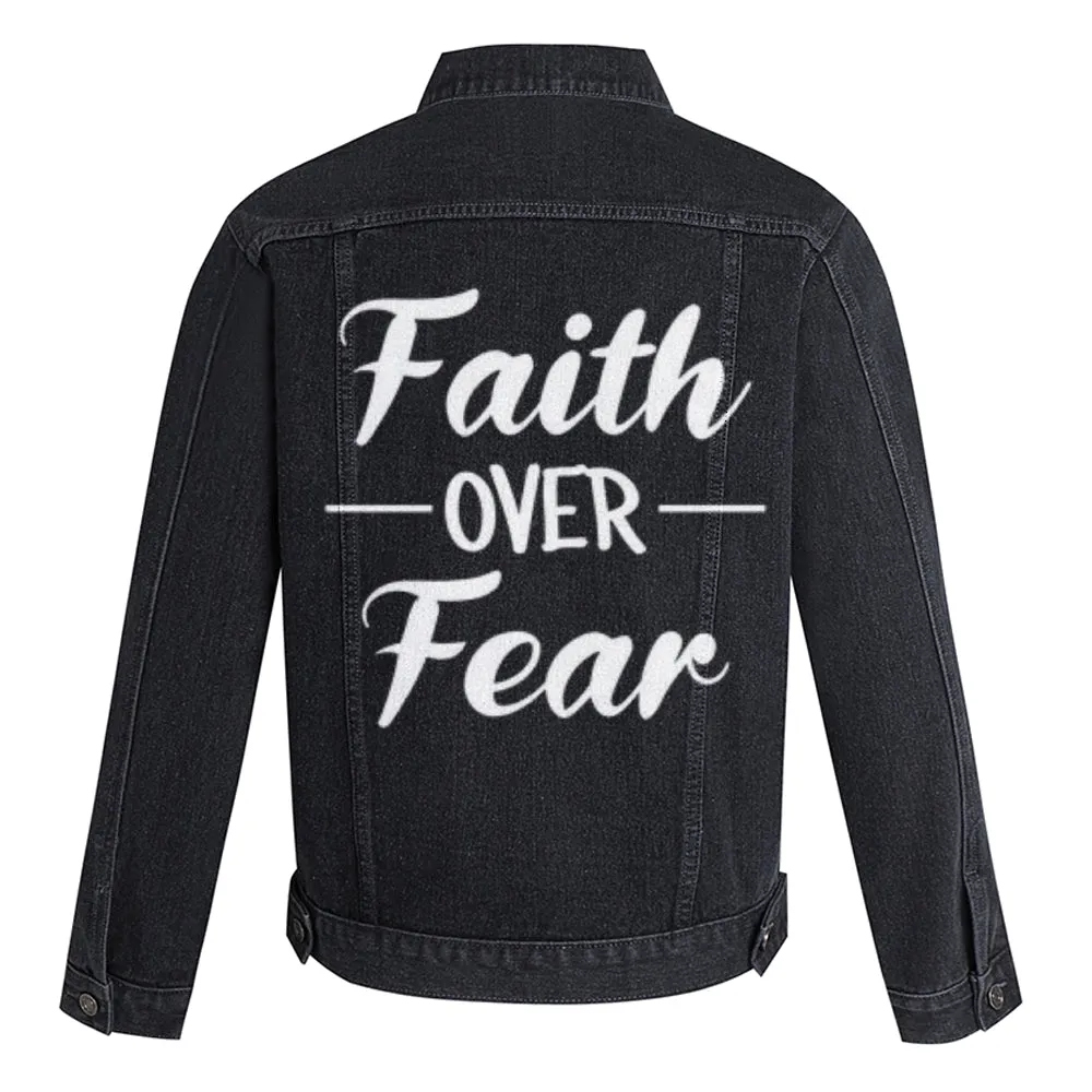 Mens Vintage Faith Over Fear Letter Graphic Denim Jacket