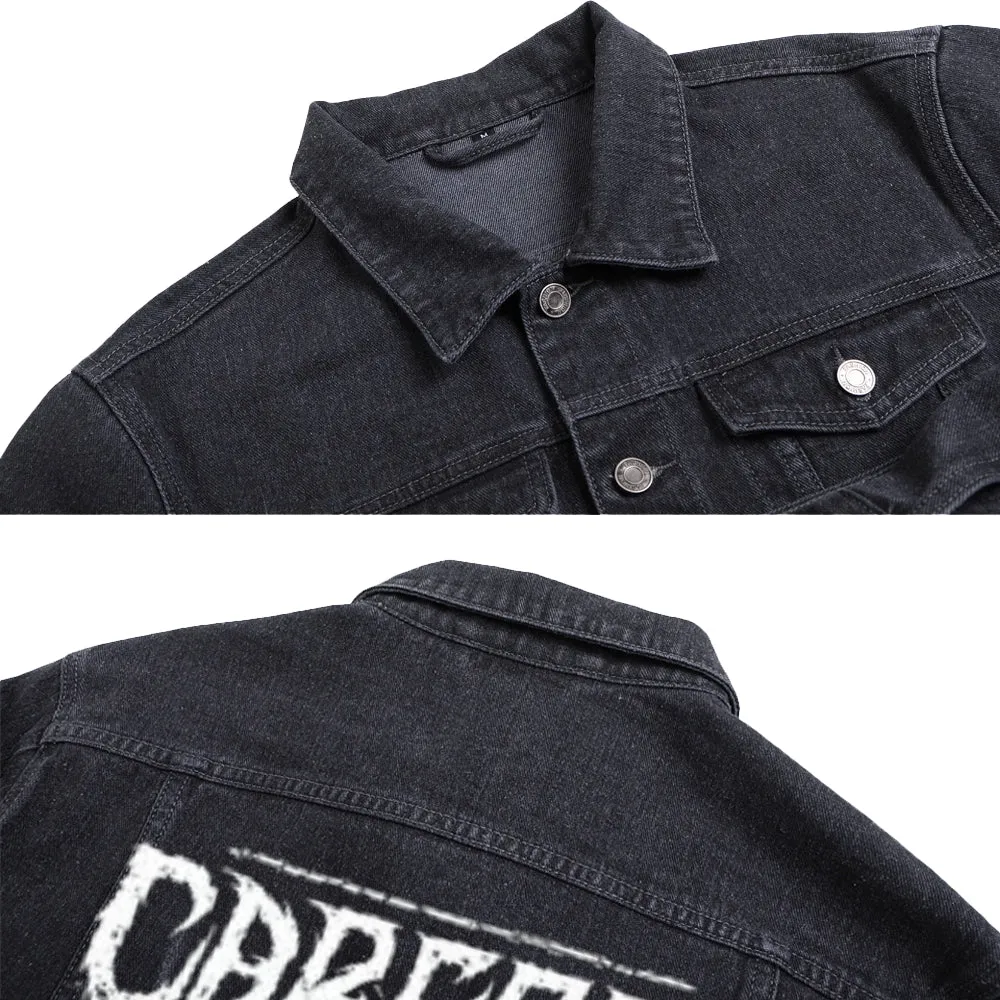 Mens Vintage Gothic Grunge Defame Graphic Button Up Denim Jacket