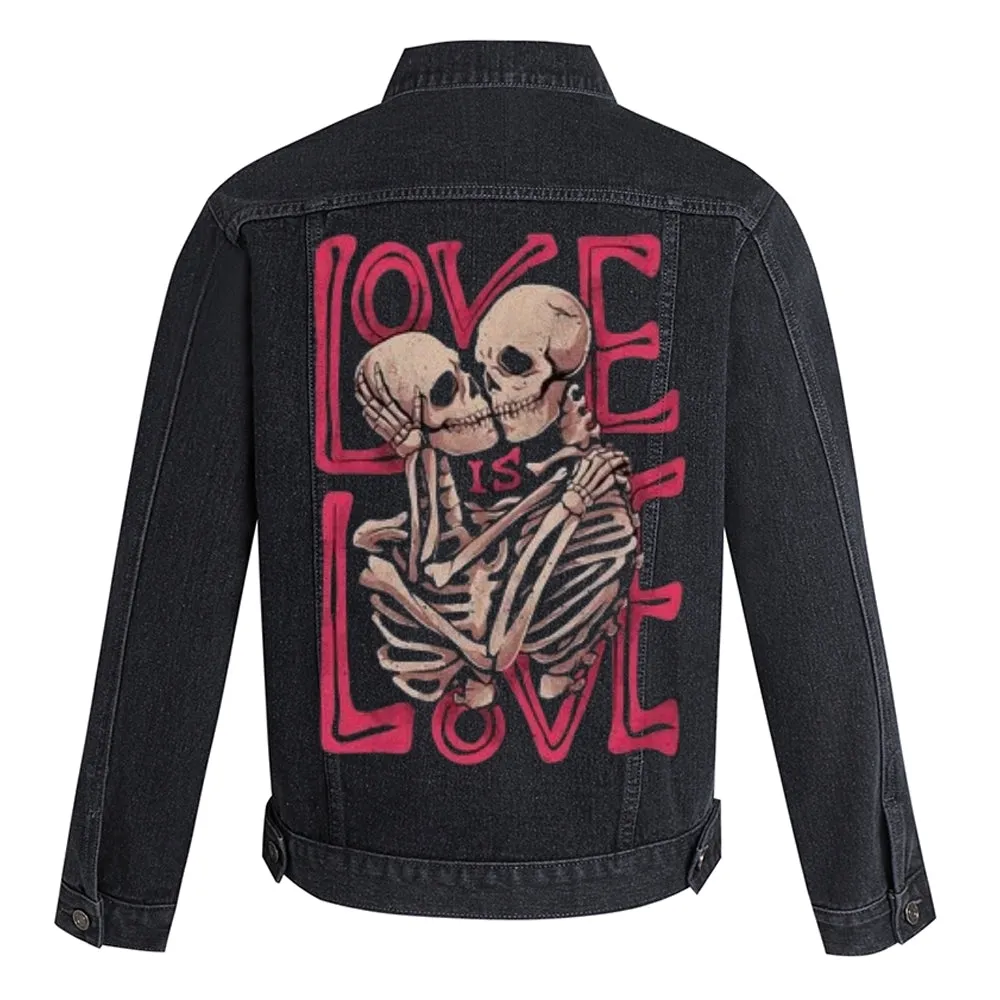 Mens Vintage Love Is Love Skull Graphic Denim Jacket