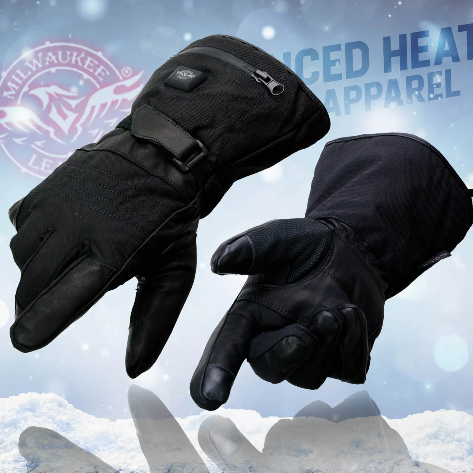 Milwaukee Leather MG17501SET Men’s Heated Black Leather/Textile Winter Gloves w/Battery/Harness Wire and i-Touch