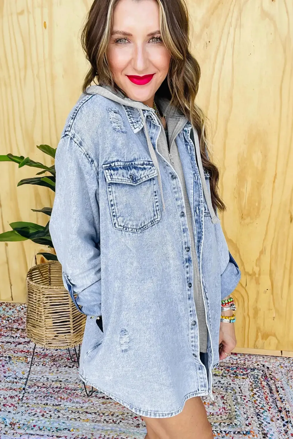 Mist Blue Oversized Hooded Denim Jacket