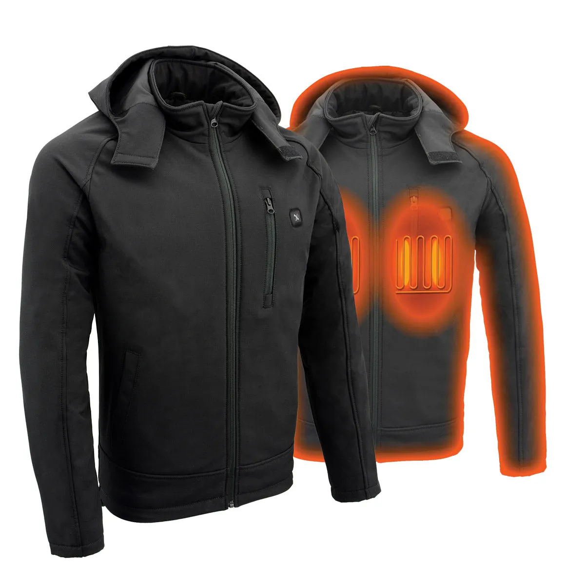 Nexgen Heat NXM1767SET Men's 'Ruffled' Black Soft Shell Heated Hooded Jacket (Included Rechargeable 10000mAh Battery)