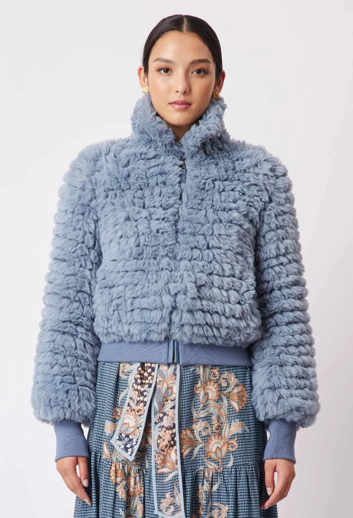 ONCE WAS TALLITHA FAUX FUR BOMBER JACKET IN SKY