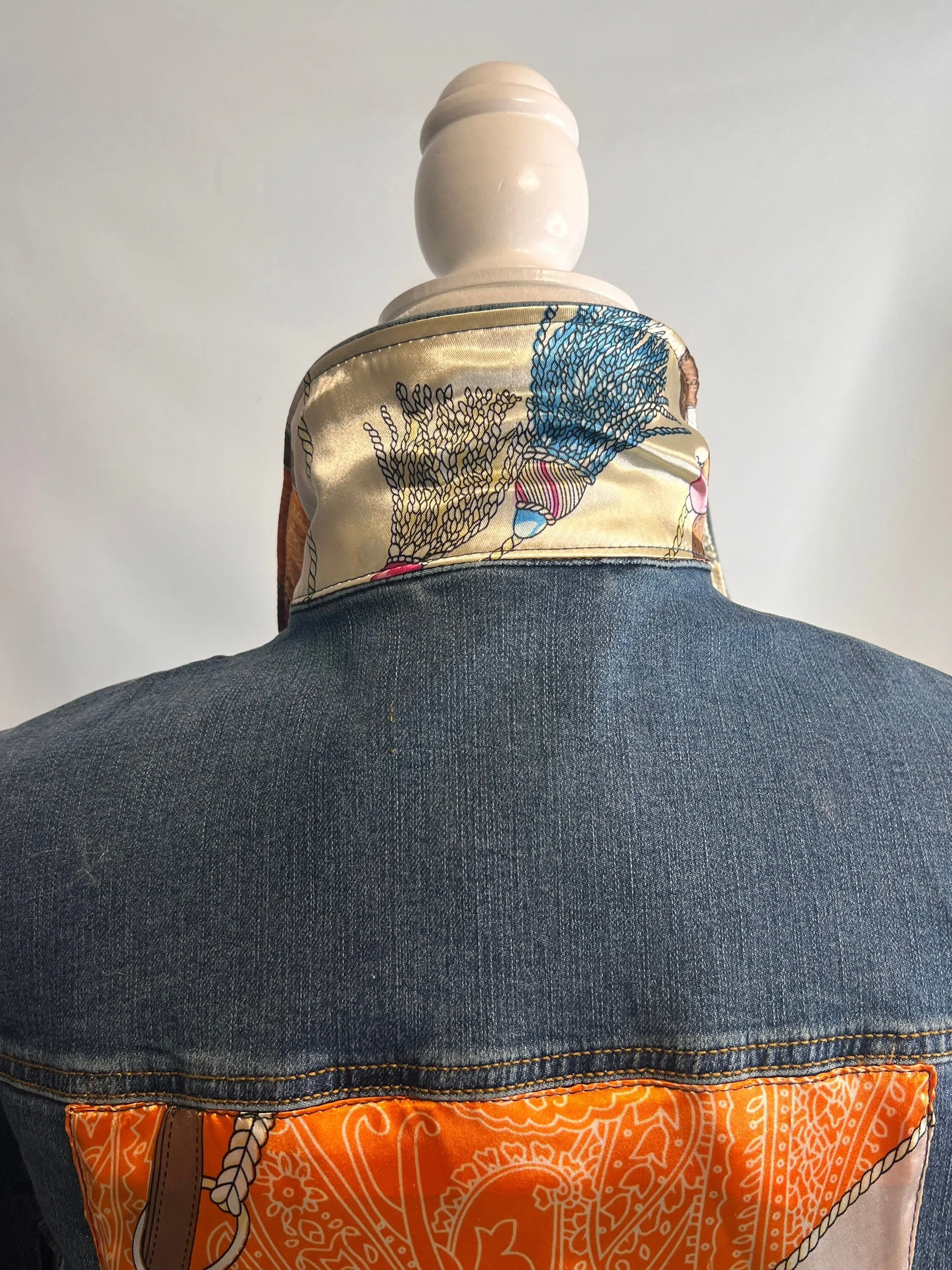 Pink and Orange Tassels Denim Jacket Silk Scarf Designer Scarf Jean Jacket