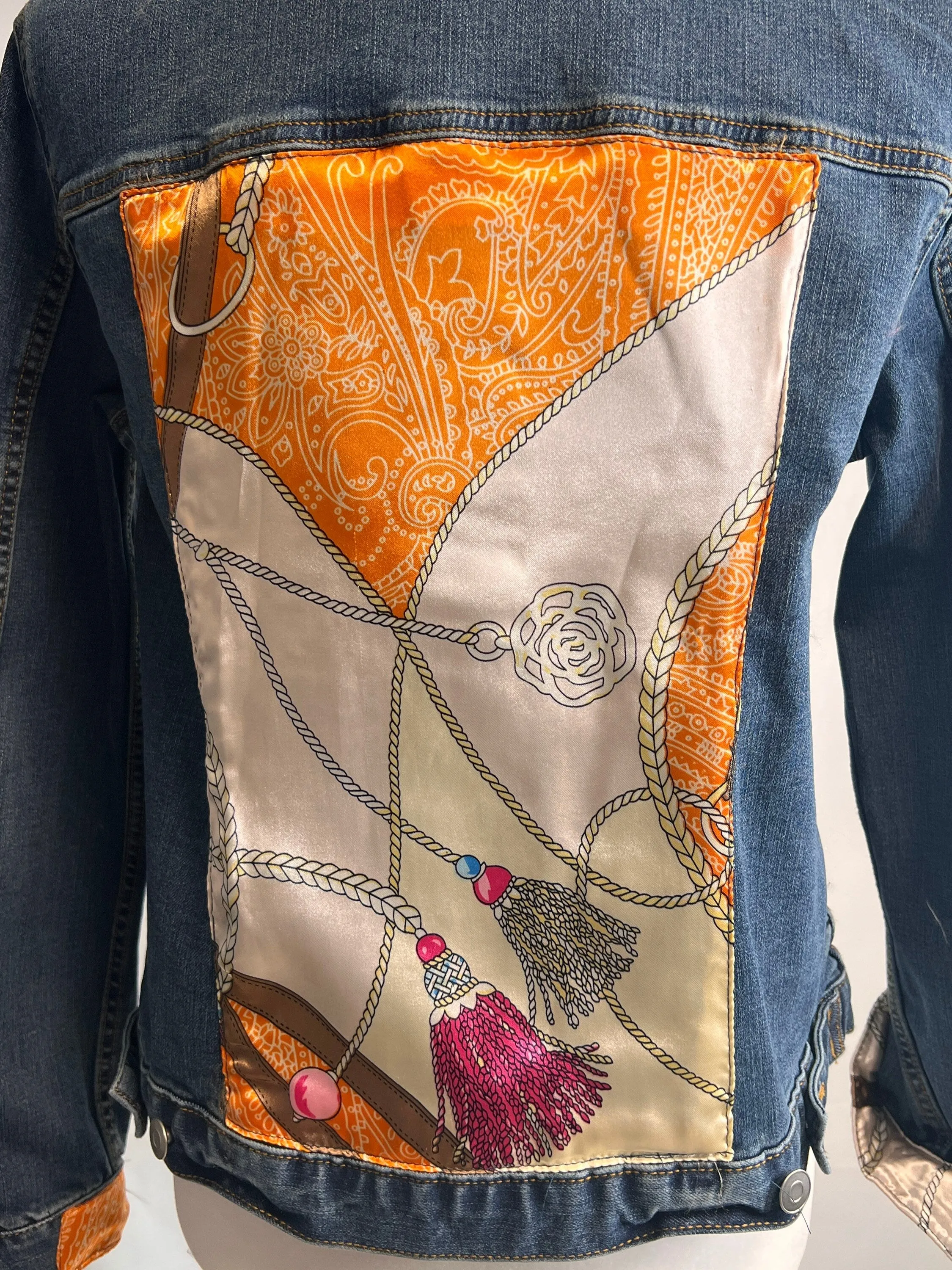 Pink and Orange Tassels Denim Jacket Silk Scarf Designer Scarf Jean Jacket