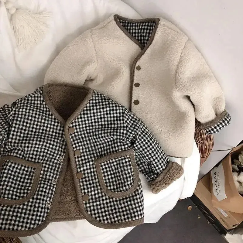 Plaid & Wool Reversible Kids Jacket in Brown & Beige