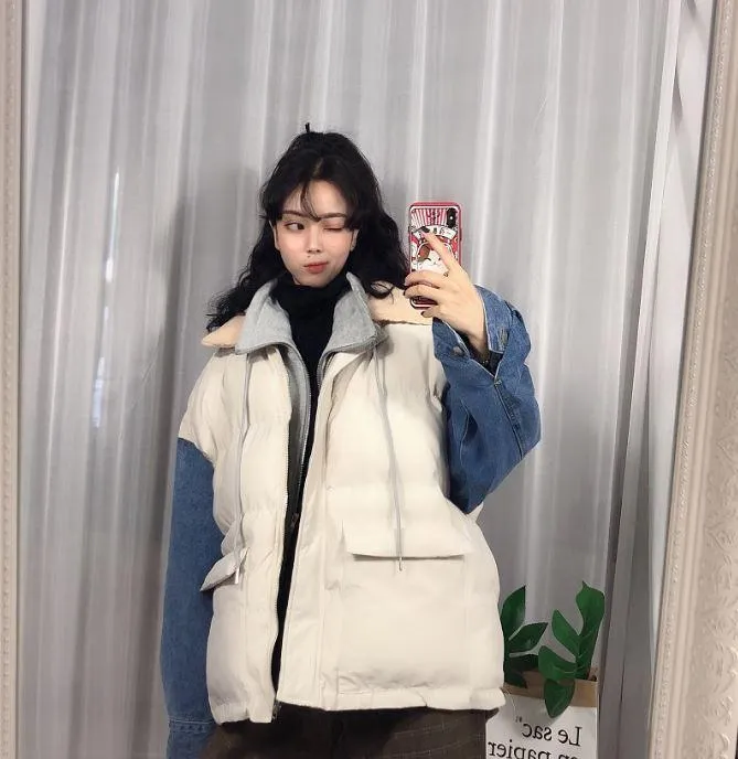 Puff Padded Denim Sleeves Thick Winter Jacket