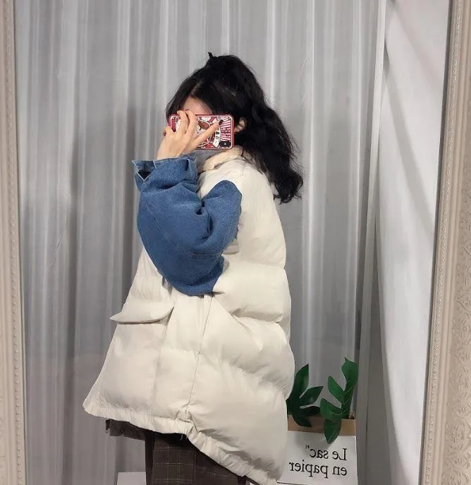 Puff Padded Denim Sleeves Thick Winter Jacket