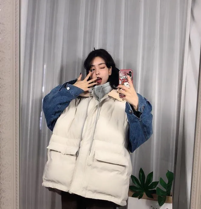 Puff Padded Denim Sleeves Thick Winter Jacket