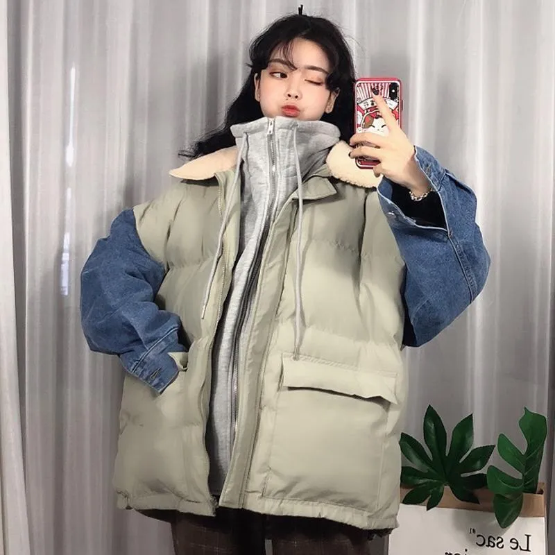 Puff Padded Denim Sleeves Thick Winter Jacket