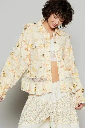 Raw Hem Lace Patch Flounce Sleeve Jacket