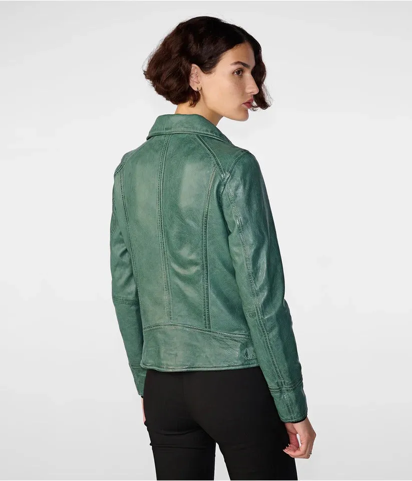 Sea Green Womens Distressed Leather Biker Jacket