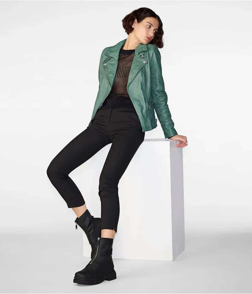 Sea Green Womens Distressed Leather Biker Jacket