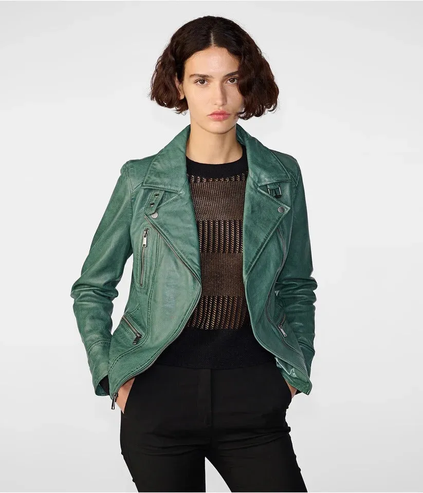 Sea Green Womens Distressed Leather Biker Jacket