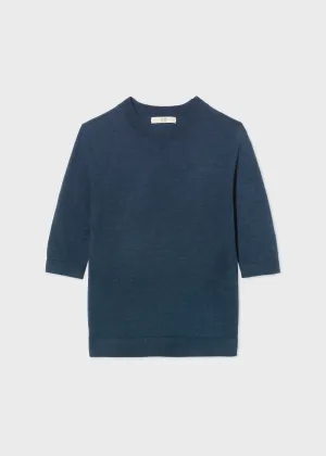 Short Sleeve Knit Top in Fine Cashmere - Petrol Blue