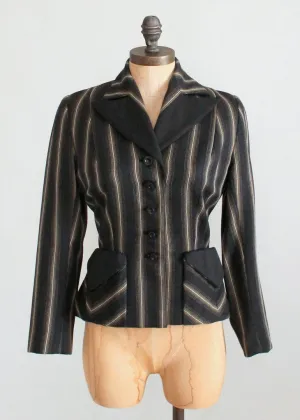 Vintage 1940s Charcoal Grey Striped Nipped Waist Jacket