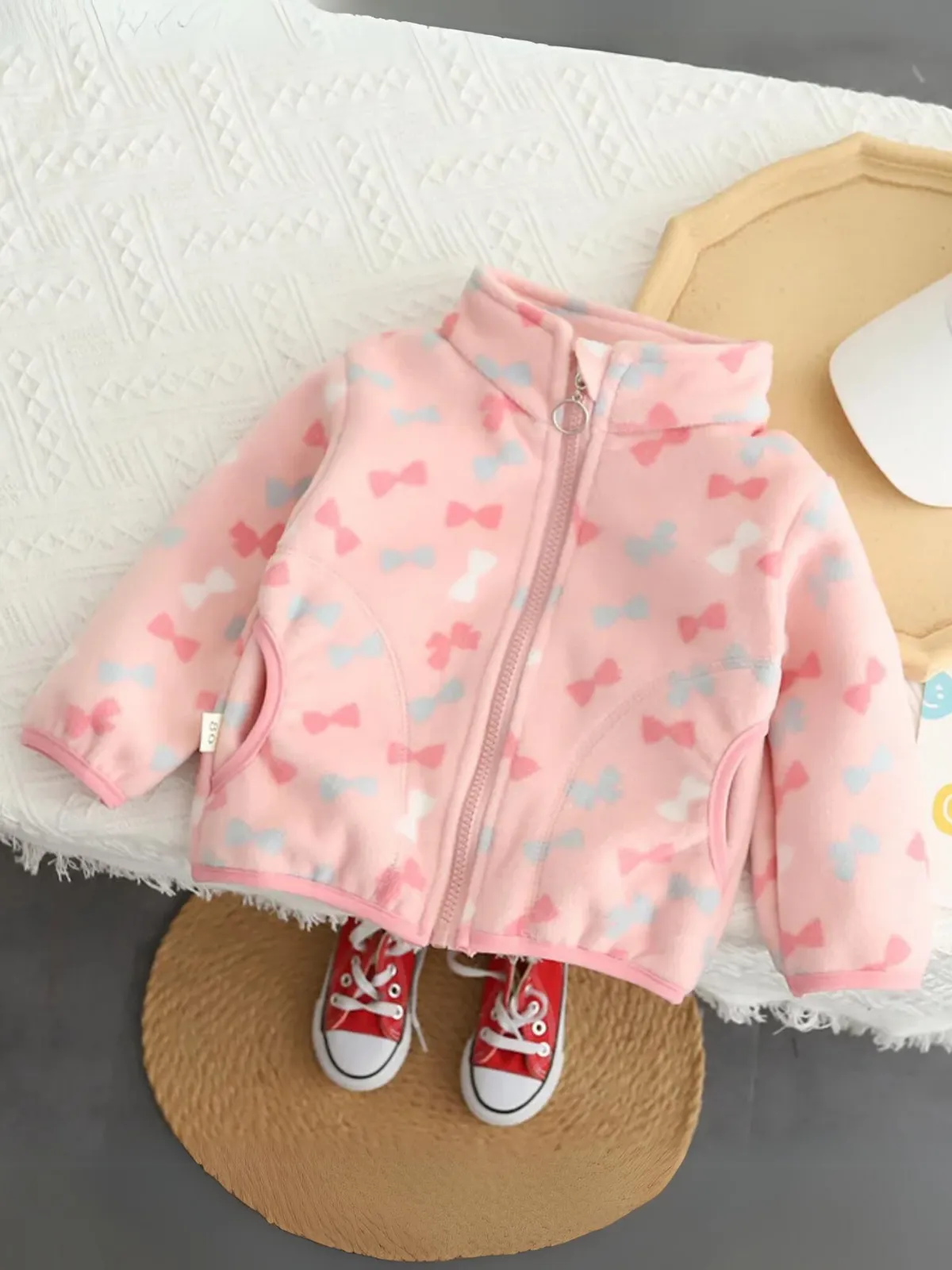 Whimsically Warm Bow Print Fleece Zip-Up Jacket