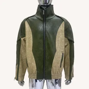 Windproof Color Block PU Leather Jacket