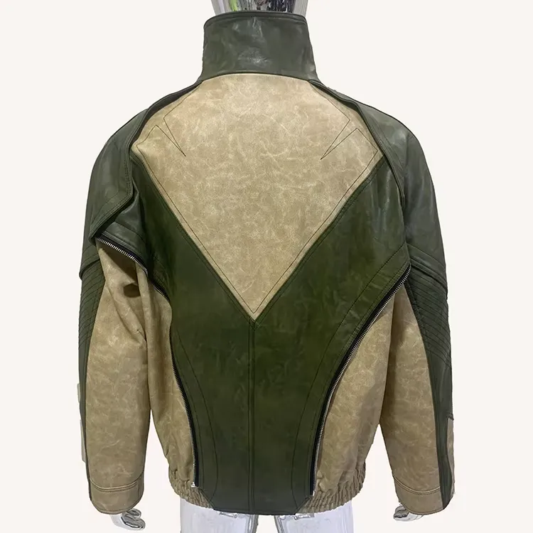 Windproof Color Block PU Leather Jacket