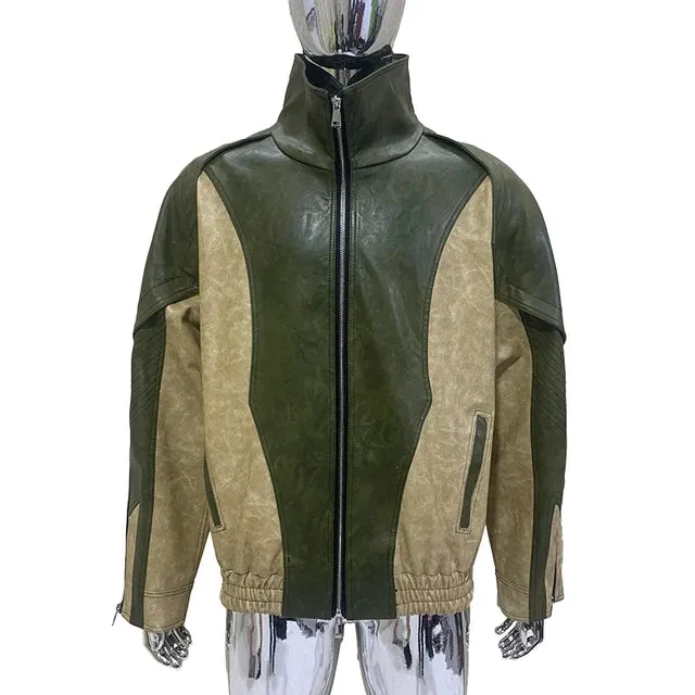 Windproof Color Block PU Leather Jacket