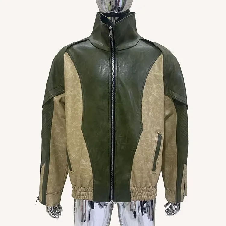 Windproof Color Block PU Leather Jacket