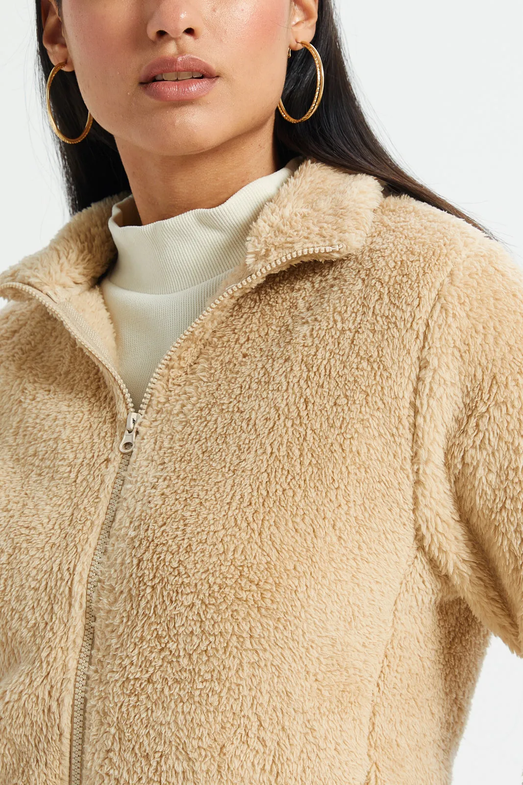 Women Beige Polar Fleece Zip Through Sweatshirt