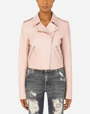 Womens Tab Collar Light Pink Biker Leather Jacket