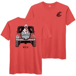 WSU Faded Crimson Jeep Tee with Golden Retriever